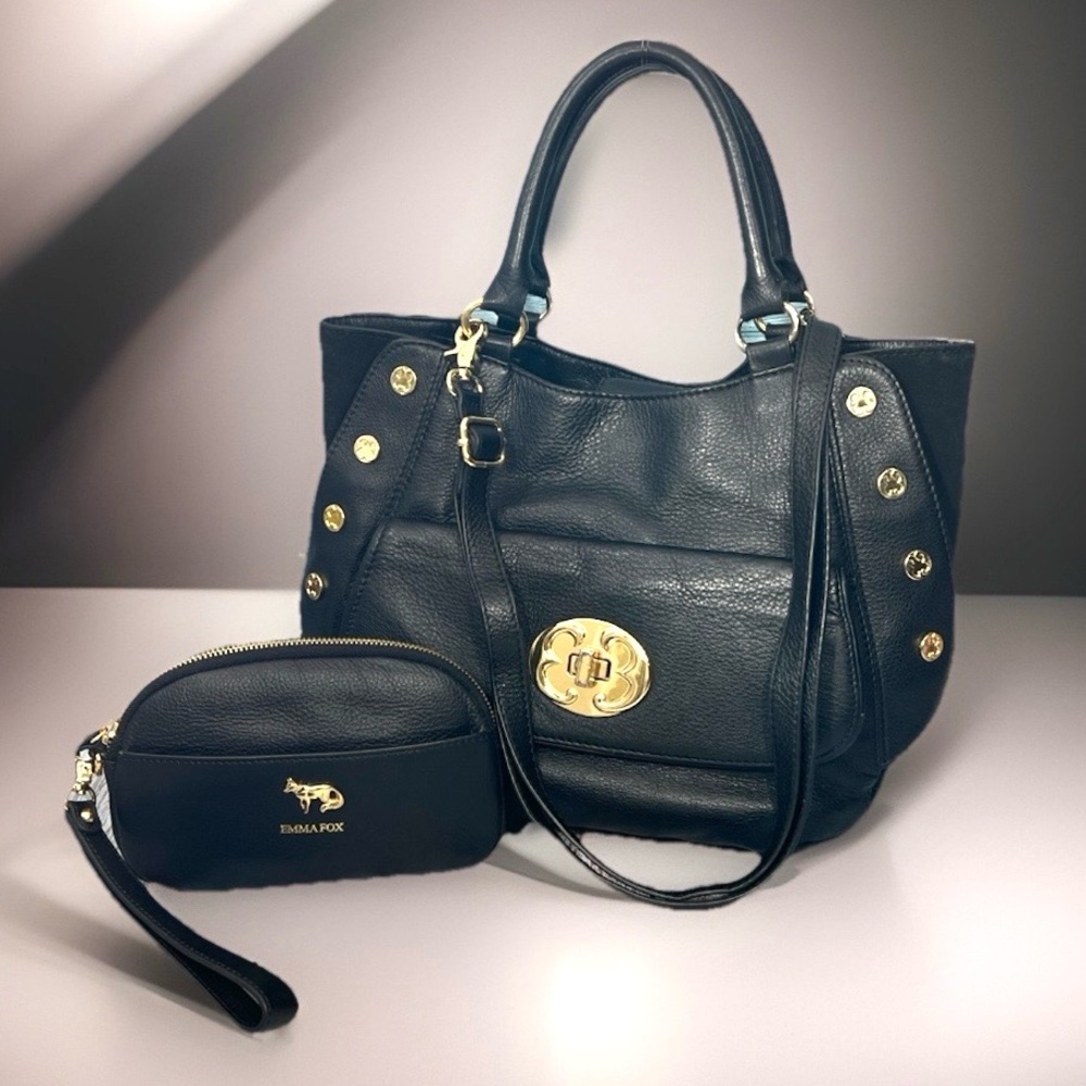 🦊 EMMA FOX BLACK LEATHER SATCHEL HANDBAG WITH GOLD ACCENTS SET